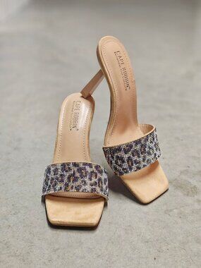 Beaded Leopard Print Square-Toe Open Heels With Stiletto Heel Design